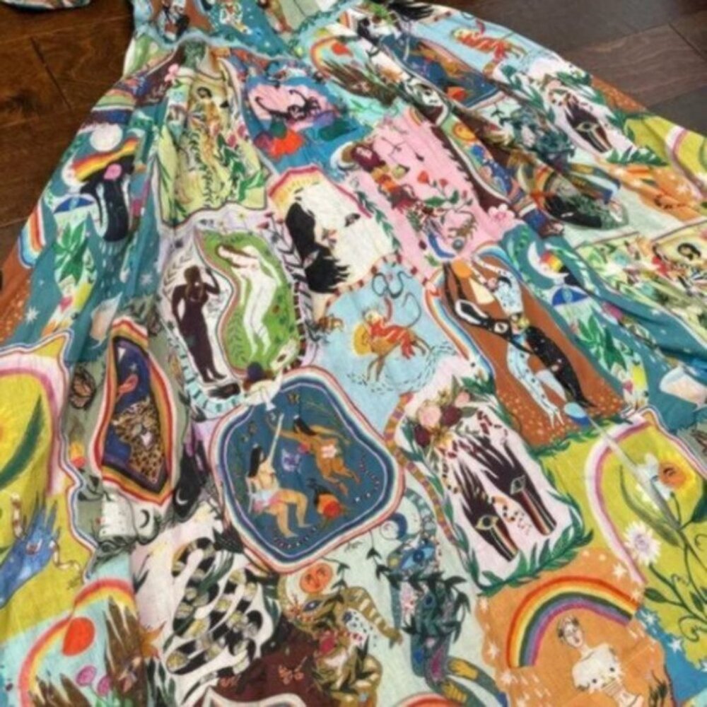 Green Art Puff Sleeve Corset Linen Abstract Floral A- Line Midi Dress XL - Picture 3 of 16